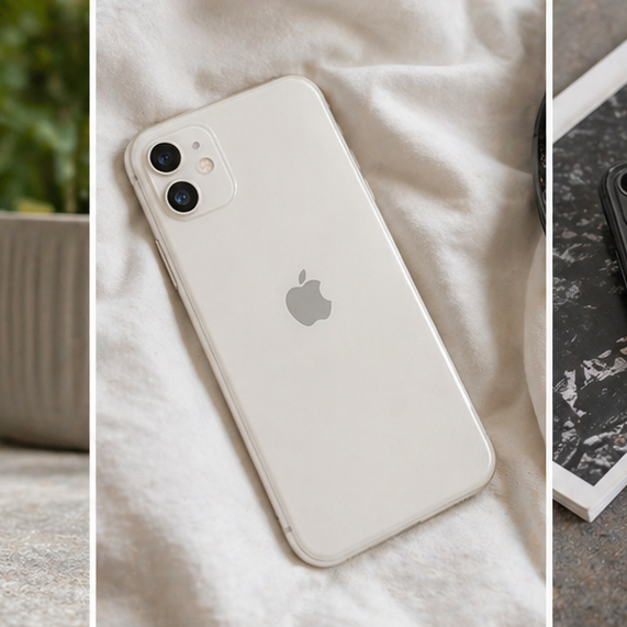 Collage of all available colours iPhones 11 on various backgrounds