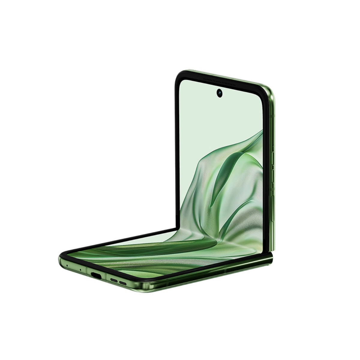 Green Motorola RAZR 50 Ultra smartphone with a unique design on a white background