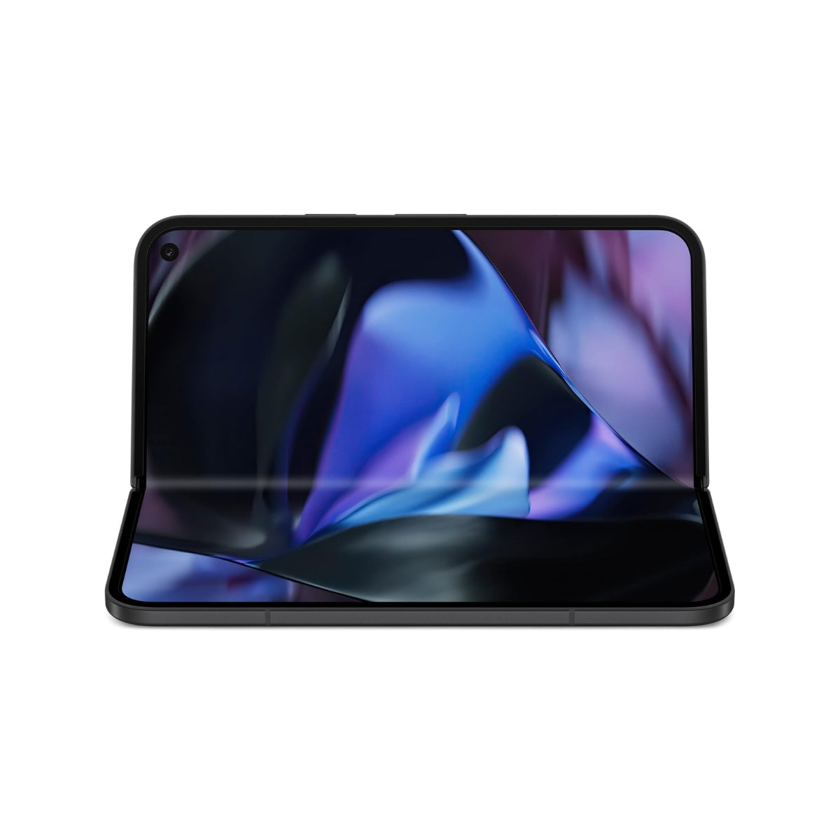 A black foldable smartphone Google Pixel 9 Pro Fold shown open against a plain white background, with a blue and purple abstract wallpaper displayed on the screen.