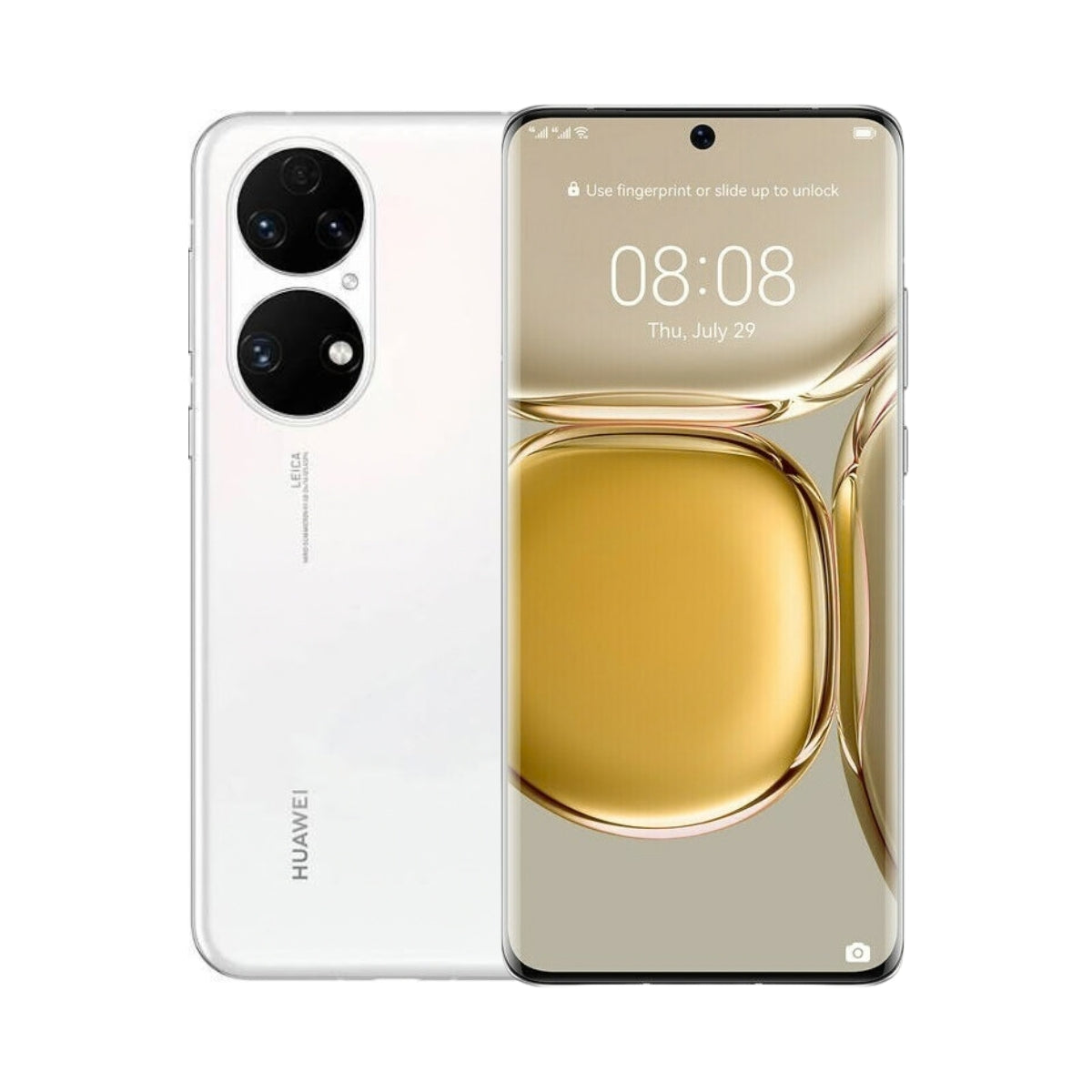 A white Huawei smartphone shown from both front and back. The front view displays a gold-colored screen with a digital clock and date, while the back view shows a clean white panel with dual camera lenses and the HUAWEI logo near the bottom.