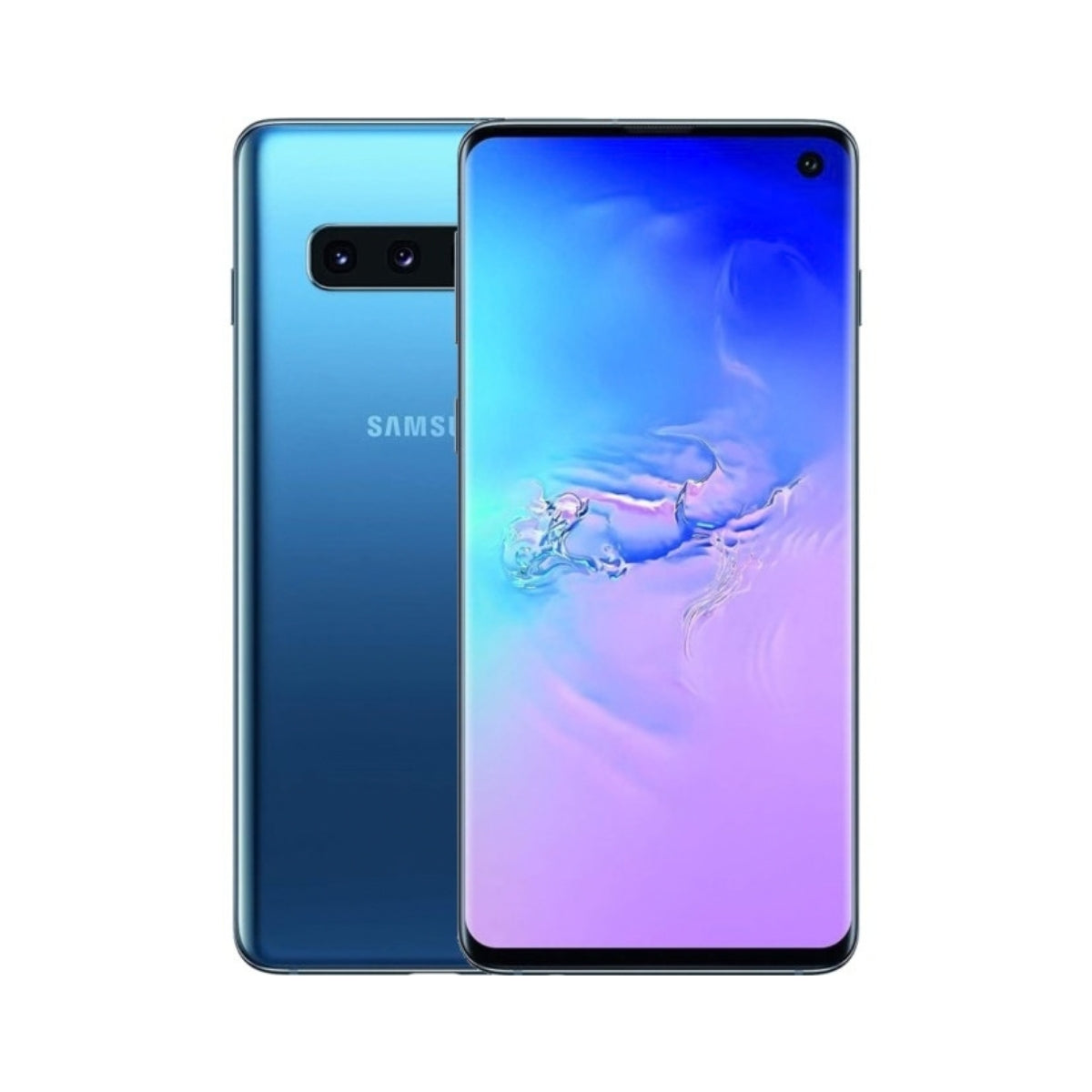 Samsung Galaxy S10+ 4G smartphone shown from the front and back in a blue gradient finish, with the front screen on and displaying a blue-to-purple wallpaper.
