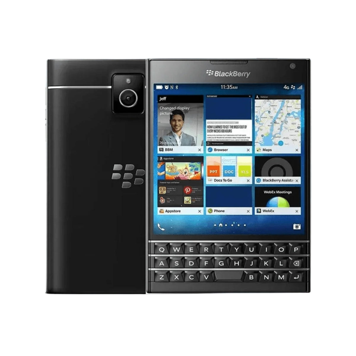 BlackBerry Passport Q30 smartphone shown from the back and front on a plain white background, with the screen turned on and displaying the BlackBerry interface.