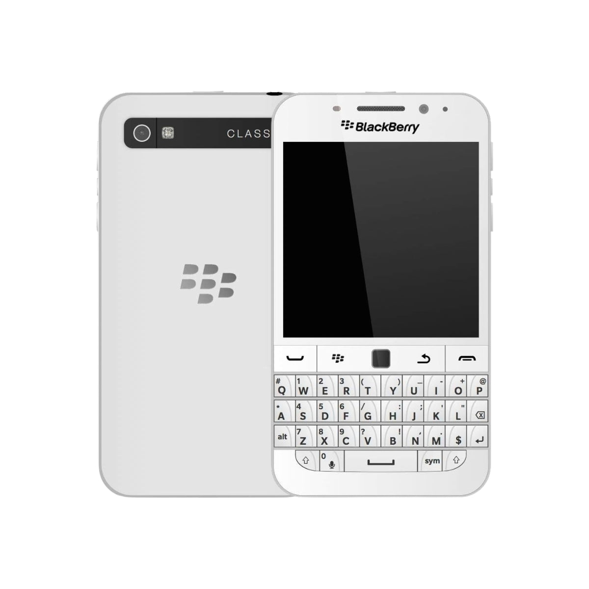 A white BlackBerry Classic smartphone shown from the front and back, featuring a physical QWERTY keyboard, front-facing camera, and BlackBerry logo on the back.