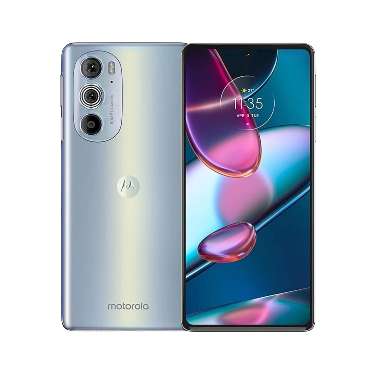 A silver Motorola Edge 2022 smartphone shown from the back and front on a plain white background. The back features a metallic finish with a vertical camera bar and the Motorola logo near the bottom.