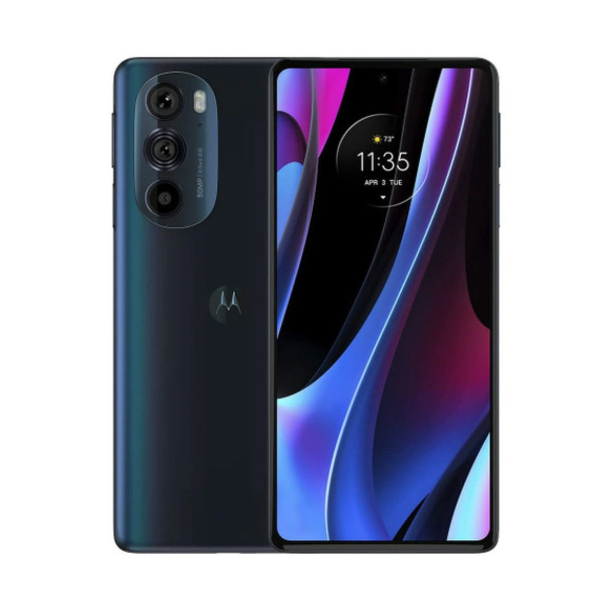 A Motorola Edge Plus 2023 smartphone shown from the back and front, featuring a dark blue gradient finish on the back with a triple-camera module and a front display showing a colorful wallpaper.