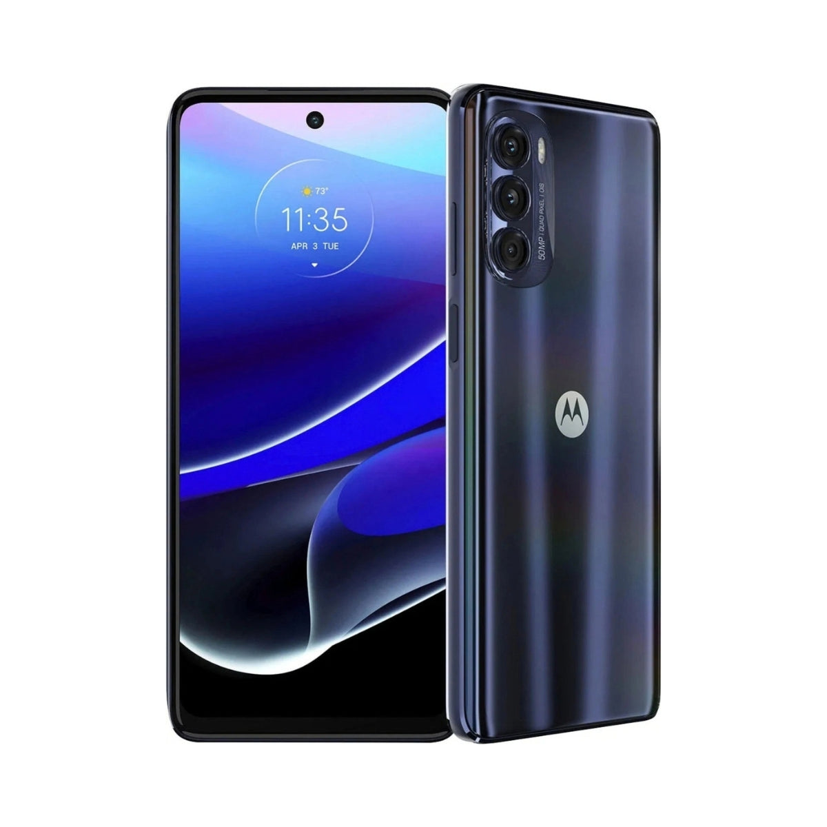 A Motorola G Stylus 5G (2022) smartphone shown from the front and back on a plain white background. The front display is on with a blue-purple wallpaper and a small front camera cutout.