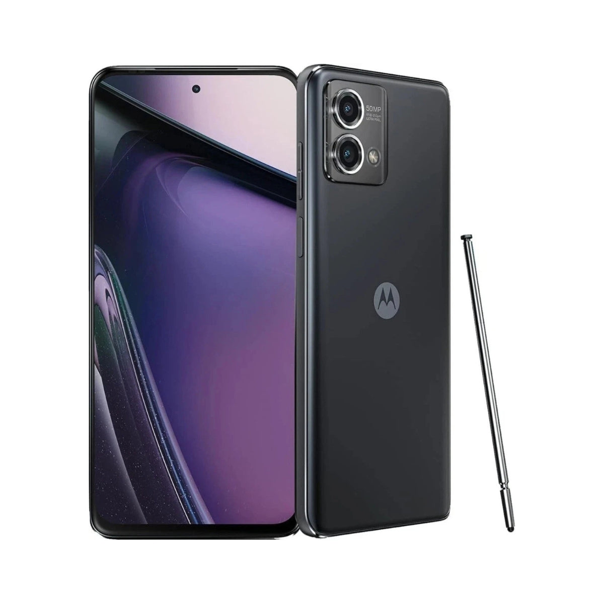 A cosmic black Motorola G Stylus 5G 2023 smartphone shown from the front and back, alongside a slim stylus, on a plain white background.