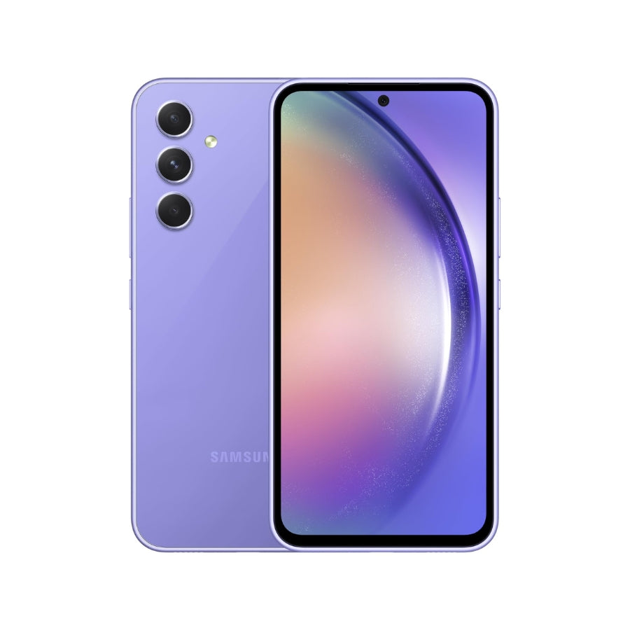 Samsung Galaxy A54 5G with a gradient purple and blue design on a white background