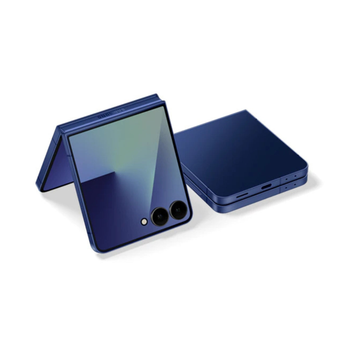Blue smartphone Samsung Galaxy Z Flip 7 with a reflective surface on a white background