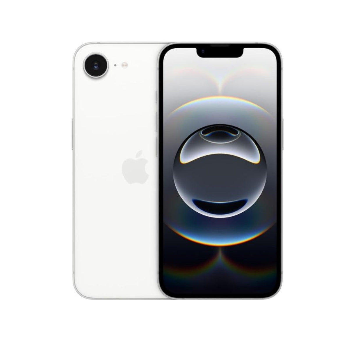 Smartphone iPhone 16e with a white back and black front on a white background
