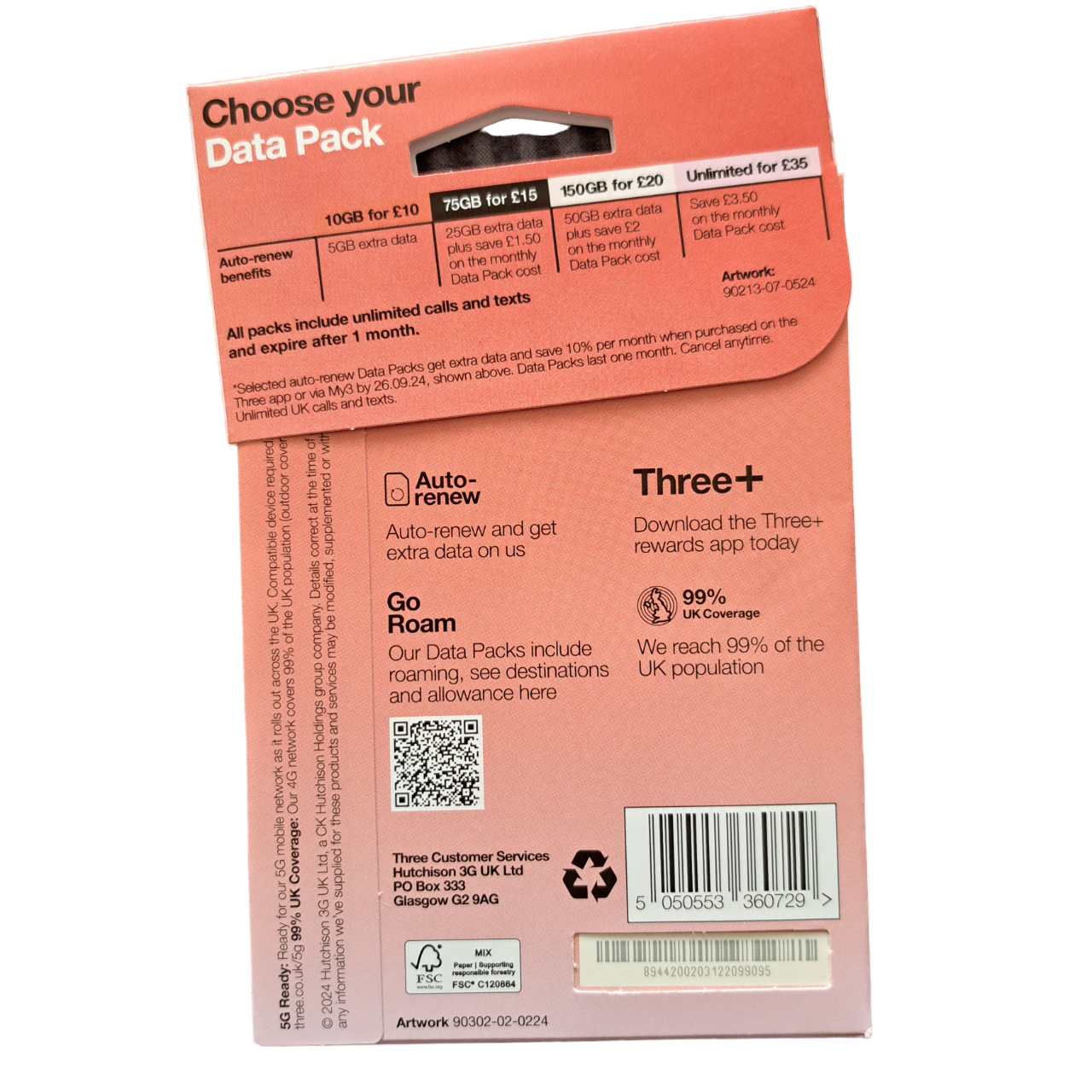 Three Pay As You Go Sim Card - £15