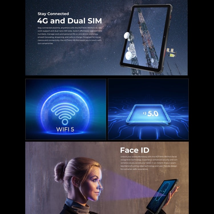 Promotional graphic highlighting features of a device with 4G, dual SIM, WiFi 5, and Face ID.