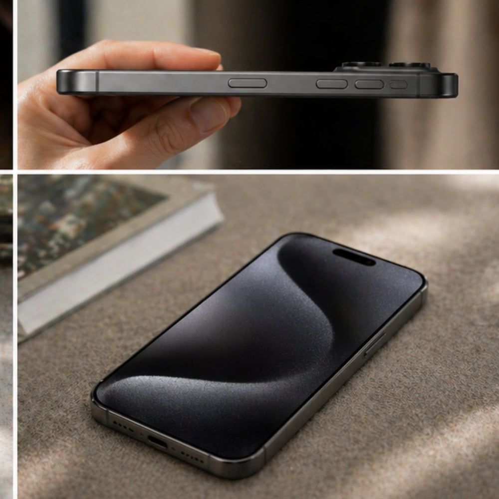 Black iPhone 15 Pro Max smartphone held in hand and lying on a surface