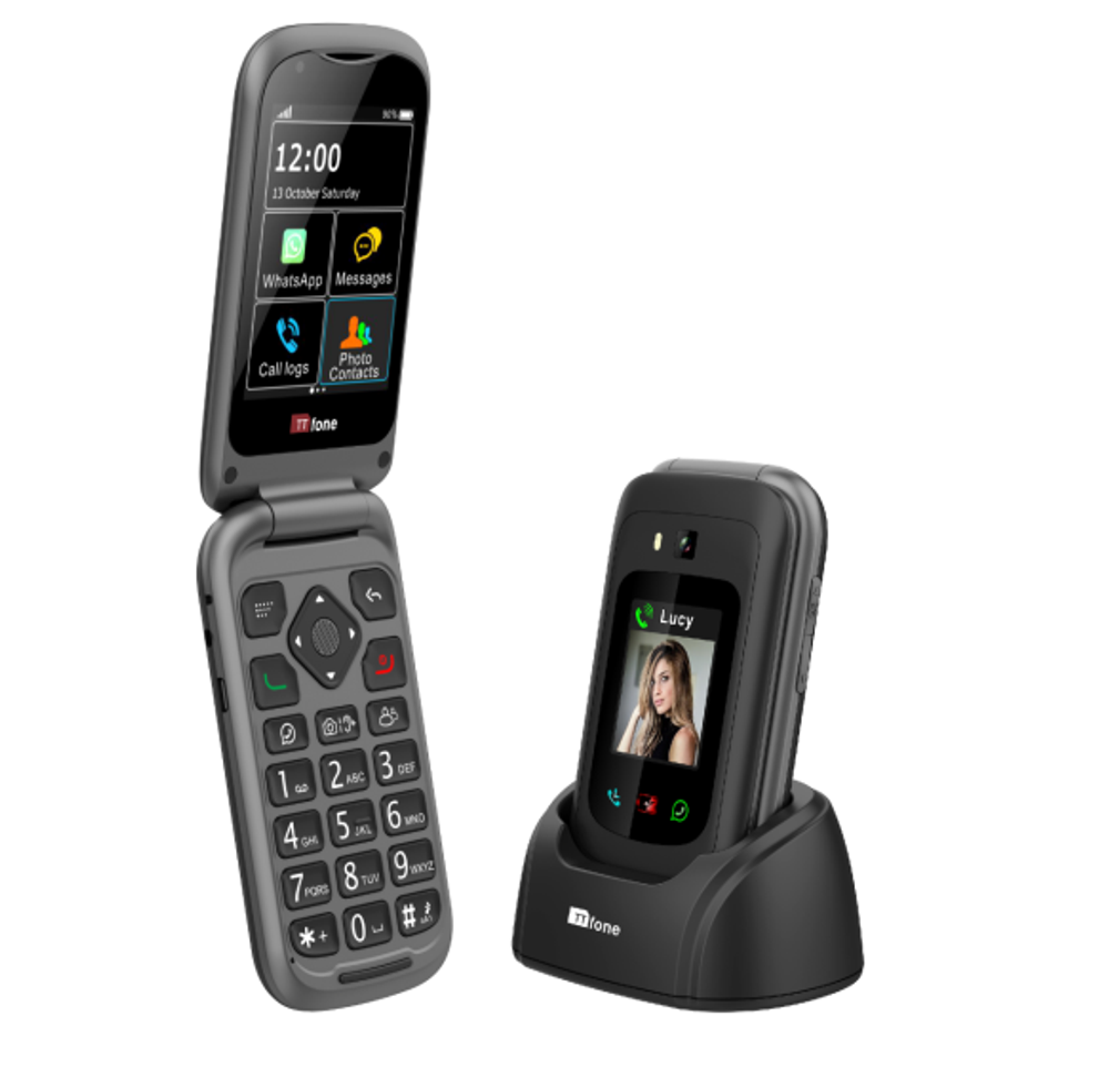 Flip phone with screen displaying icons and a dock station on a white background TTfone TT970