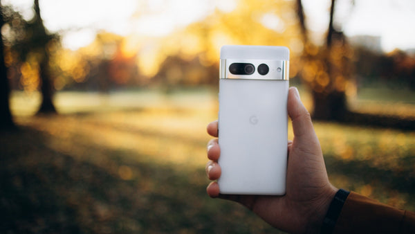 A hand holding a white Google Pixel budget smartphone from the back, showcasing its large rear camera bar and the Google logo, set against a blurred golden autumn park background.