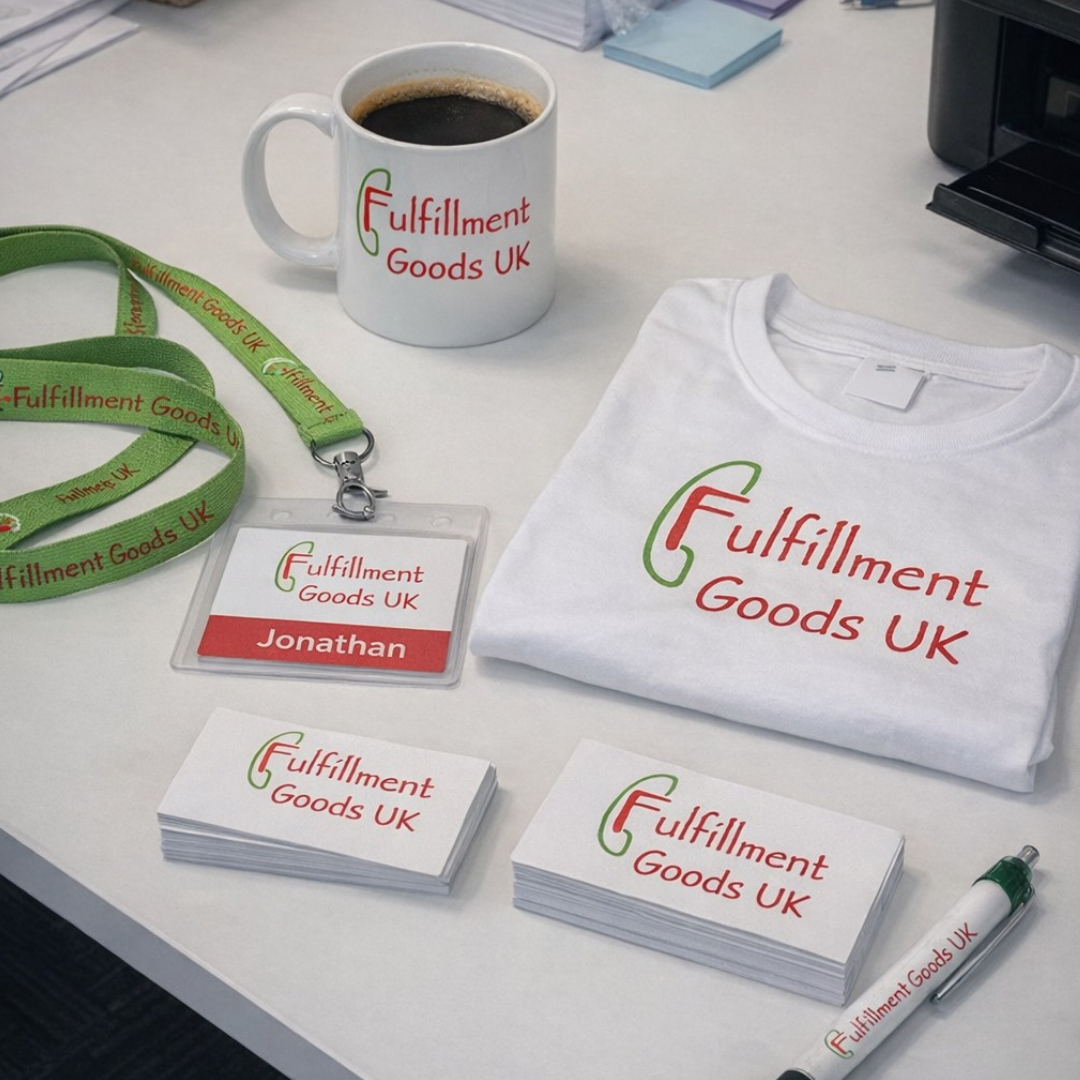 Desk with 'Fulfillment Goods UK' branded items including a mug, t-shirt, name tag, and pen.