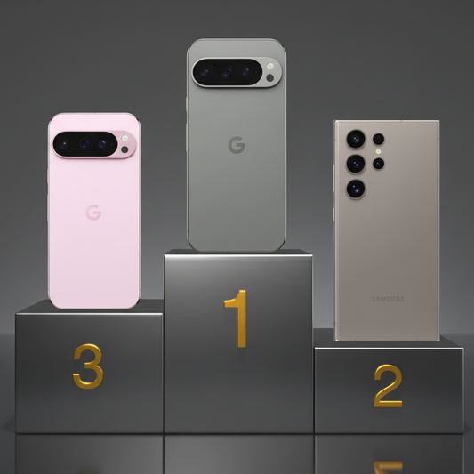 Google Pixel 9 Pro, Google Pixel 9 Pro XL, Samsung Galaxy S24 Ultra on a podium