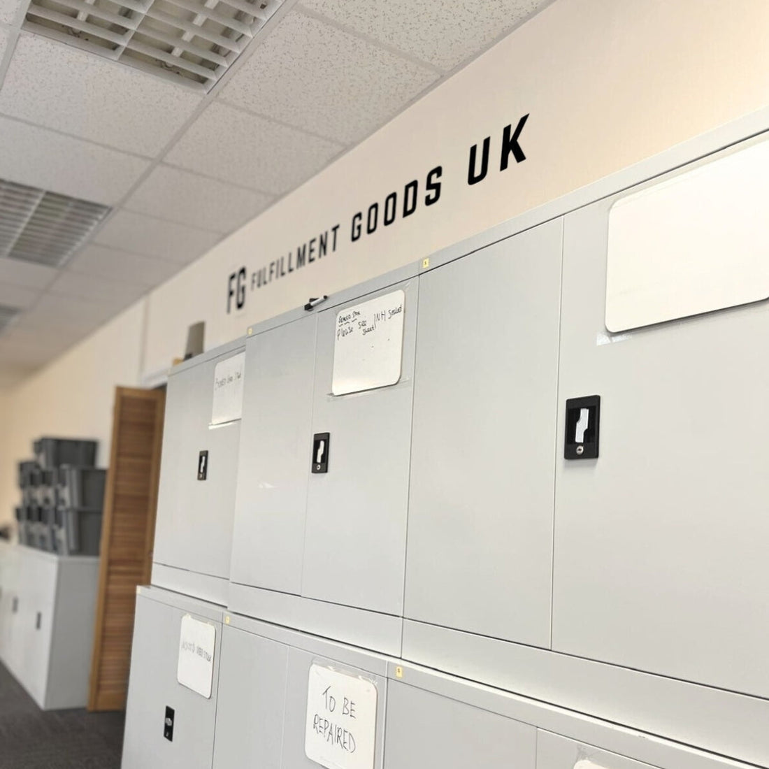 fulfillment goods uk logo above a cabinet