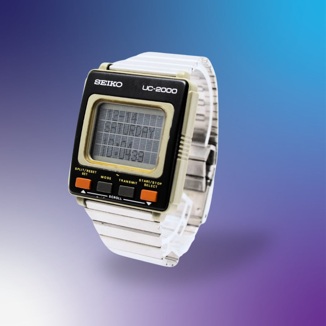 seiko watch data uc-2000 on a pink blue background first smartwatch