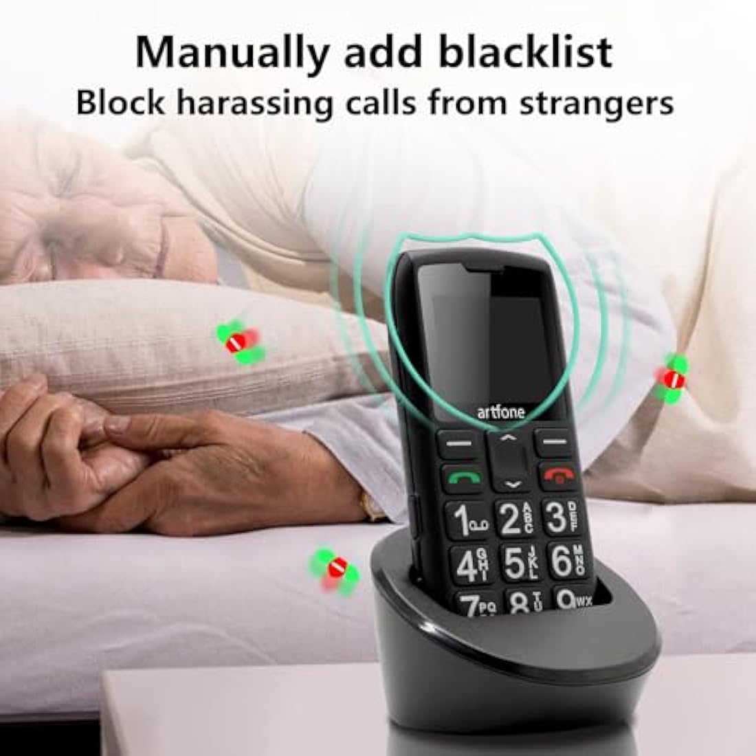 Black cordless artfone C1+4G phone with a person lying on a bed in the background, emphasizing call blocking feature.
