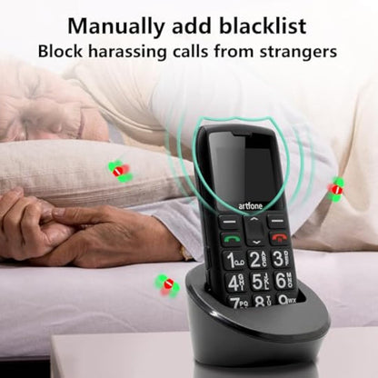 Black cordless artfone C1+4G phone with a person lying on a bed in the background, emphasizing call blocking feature.