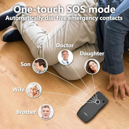 Person using artfone C1+4G with emergency contact icons labeled 'Doctor', 'Daughter', 'Son', 'Wife', and 'Brother' on a wooden floor.