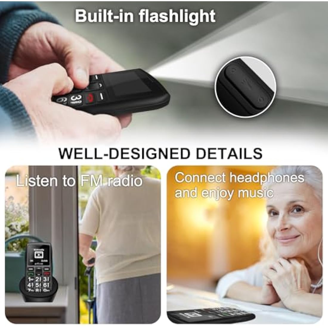 artfone C1+4G with built-in flashlight, FM radio, and headphone connection features.