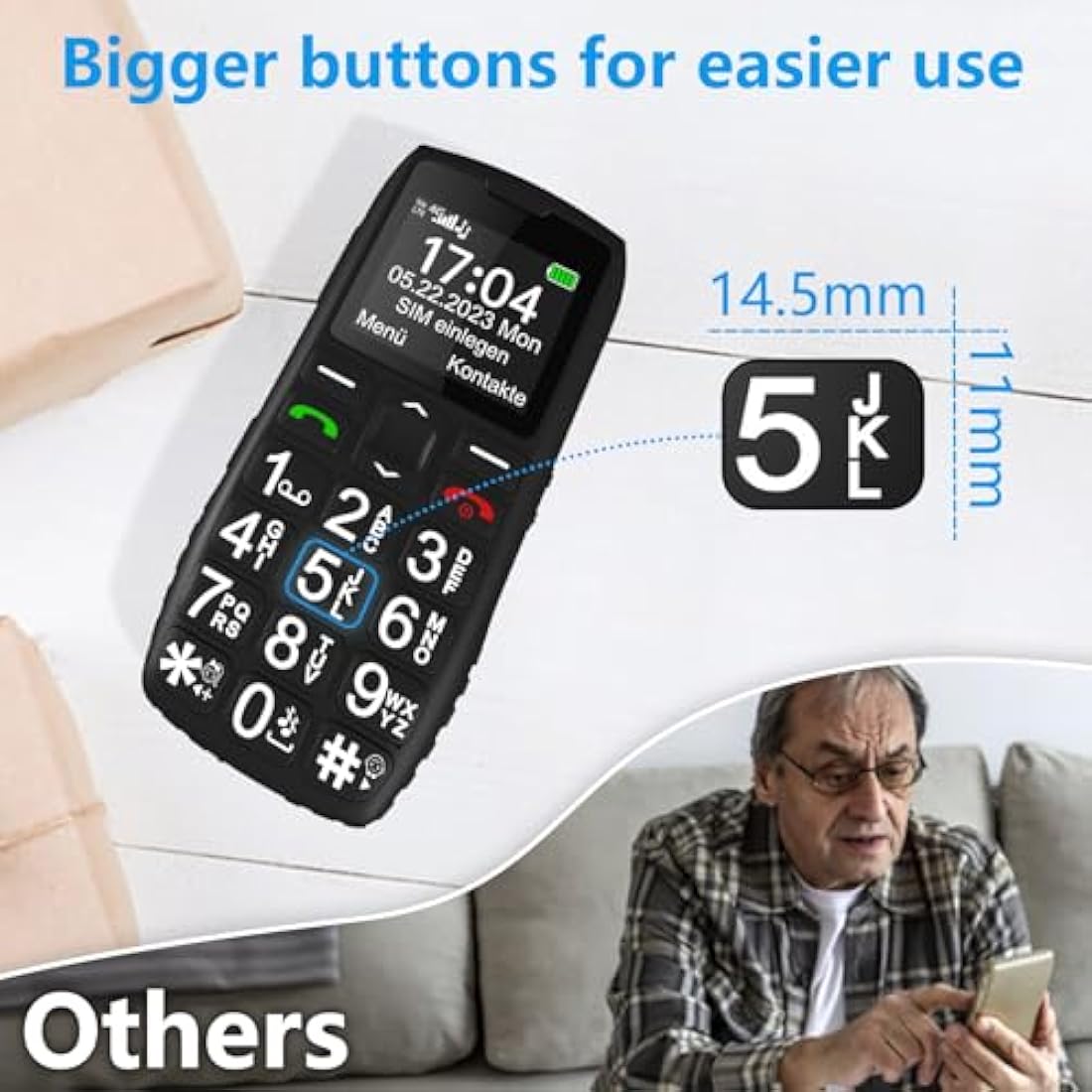 Black elderly phone artfone C1+4G with large buttons, showing time and date, and a man using the phone.