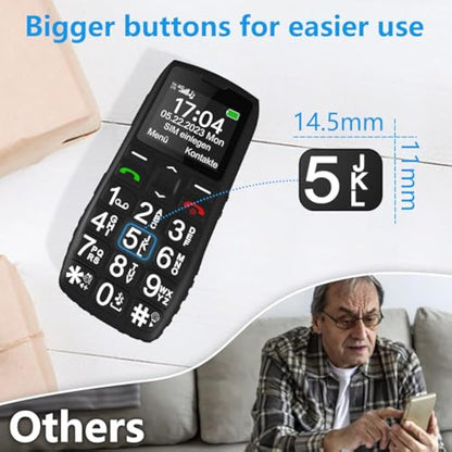 Black elderly phone artfone C1+4G with large buttons, showing time and date, and a man using the phone.