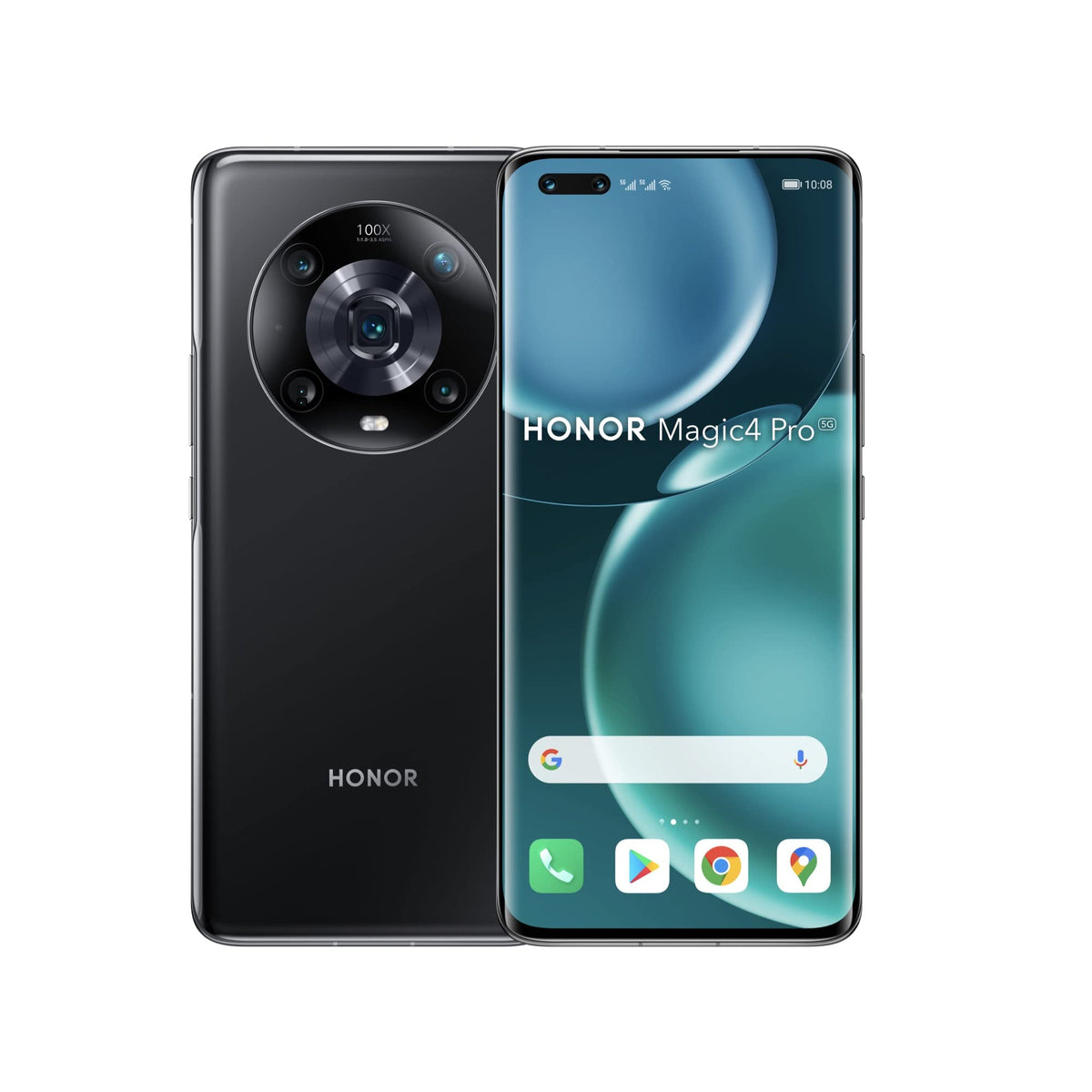 Honor Magic 4 Pro smartphone shown from the front and back, featuring a black glossy finish and a circular multi-lens camera module on the rear, with the front display illuminated on a plain white background.