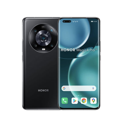 Honor Magic 4 Pro smartphone shown from the front and back, featuring a black glossy finish and a circular multi-lens camera module on the rear, with the front display illuminated on a plain white background.