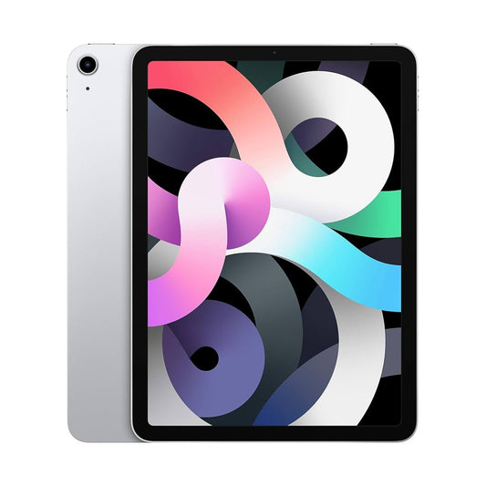 Apple iPad Air 2022 silver with colourful abstract design on screen against a white background