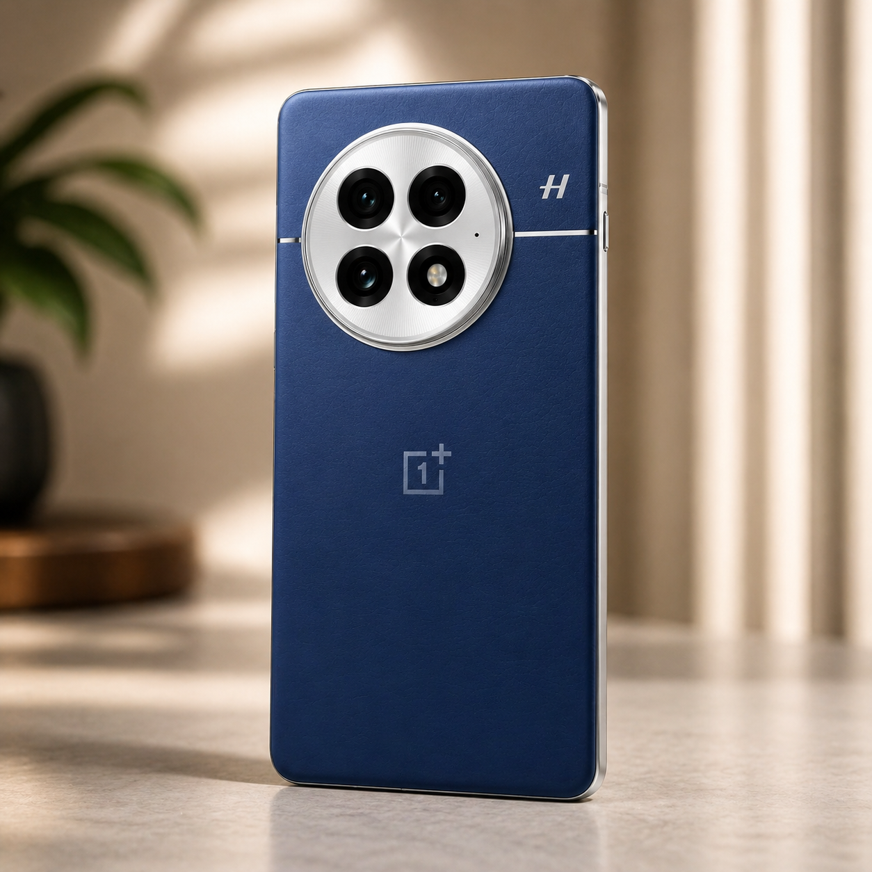 Blue OnePlus 13 smartphone with camera module on a blurred indoor background