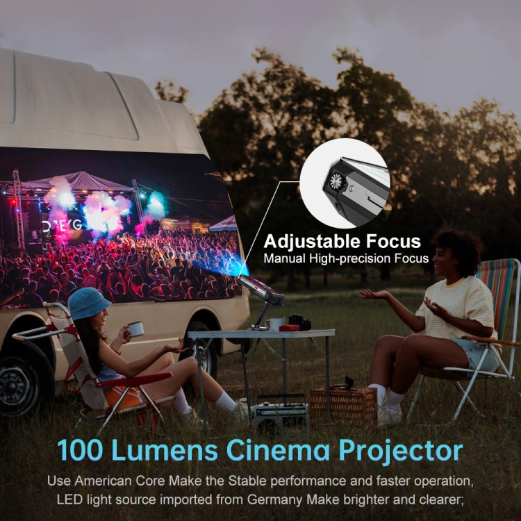 Two people watching a movie projected outdoors from Unihertz Tank 3 Pro 5G with a caravan in the background.