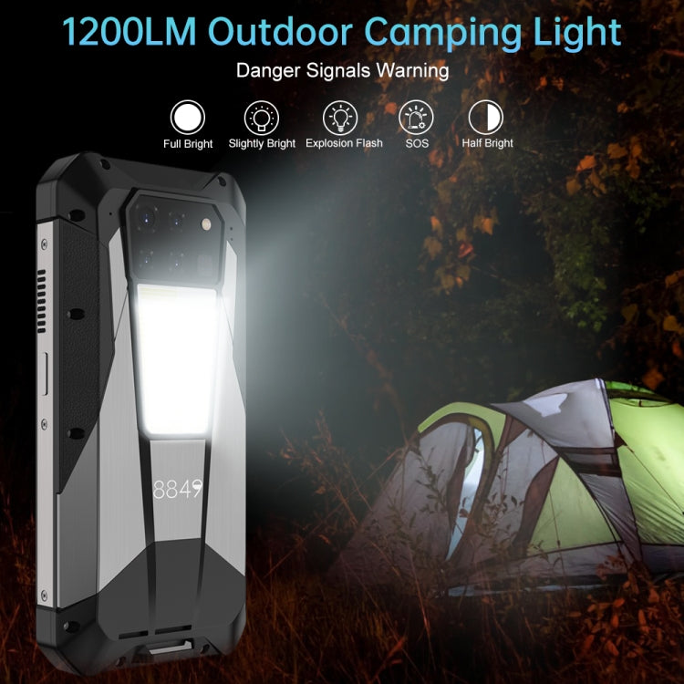 Outdoor camping light with multiple brightness made by Unihertz Tank 3 Pro, set near a tent in a forest setting
