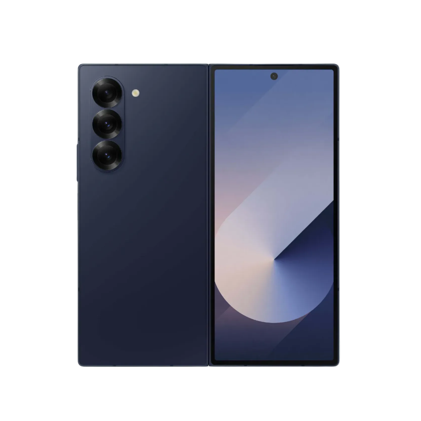 Smartphone Samsung Galaxy Z Fold 6 with a dark blue gradient on a light blue background