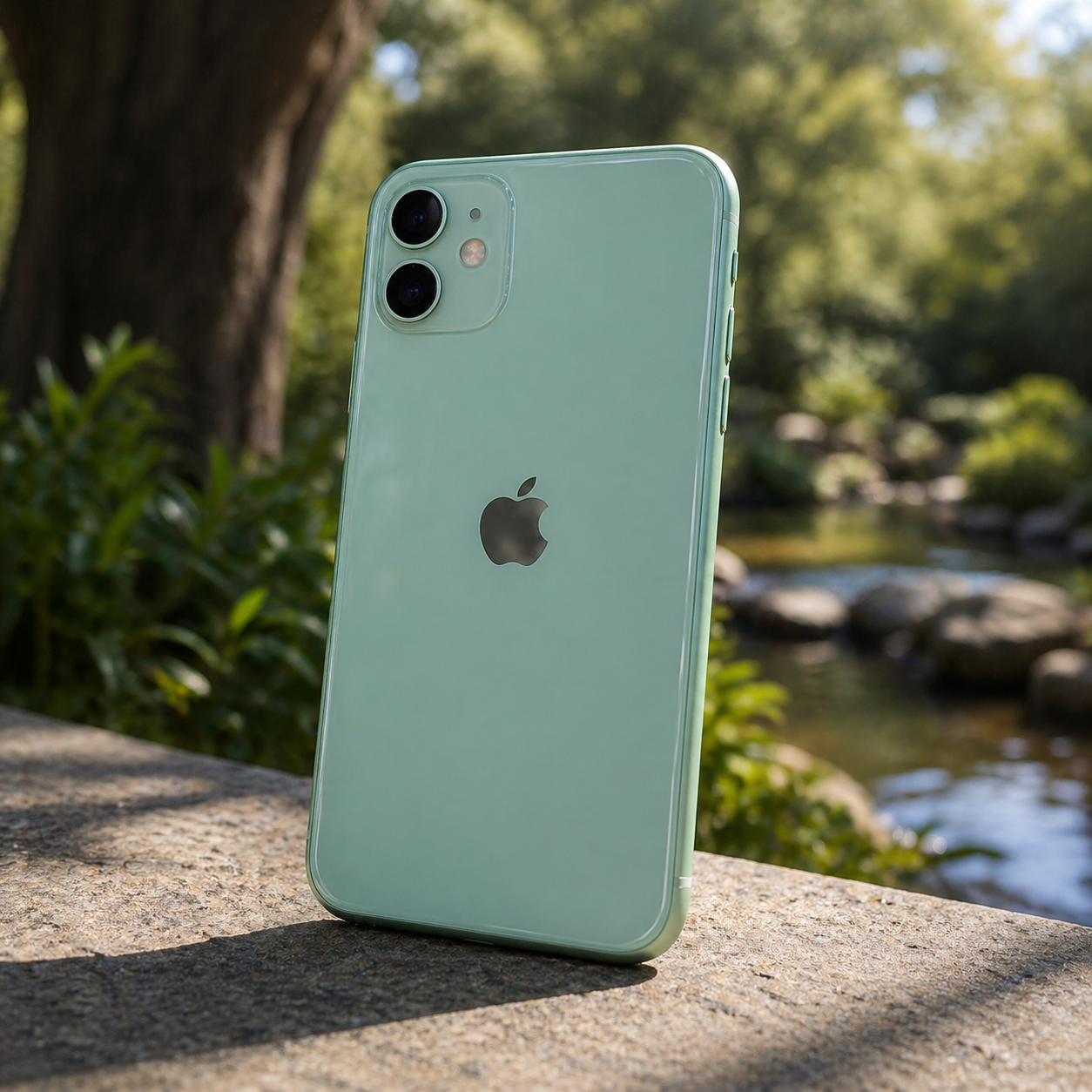 Green smartphone with Apple logo on a stone surface with a natural background iPhone 11