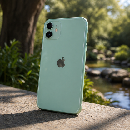 Green smartphone with Apple logo on a stone surface with a natural background iPhone 11