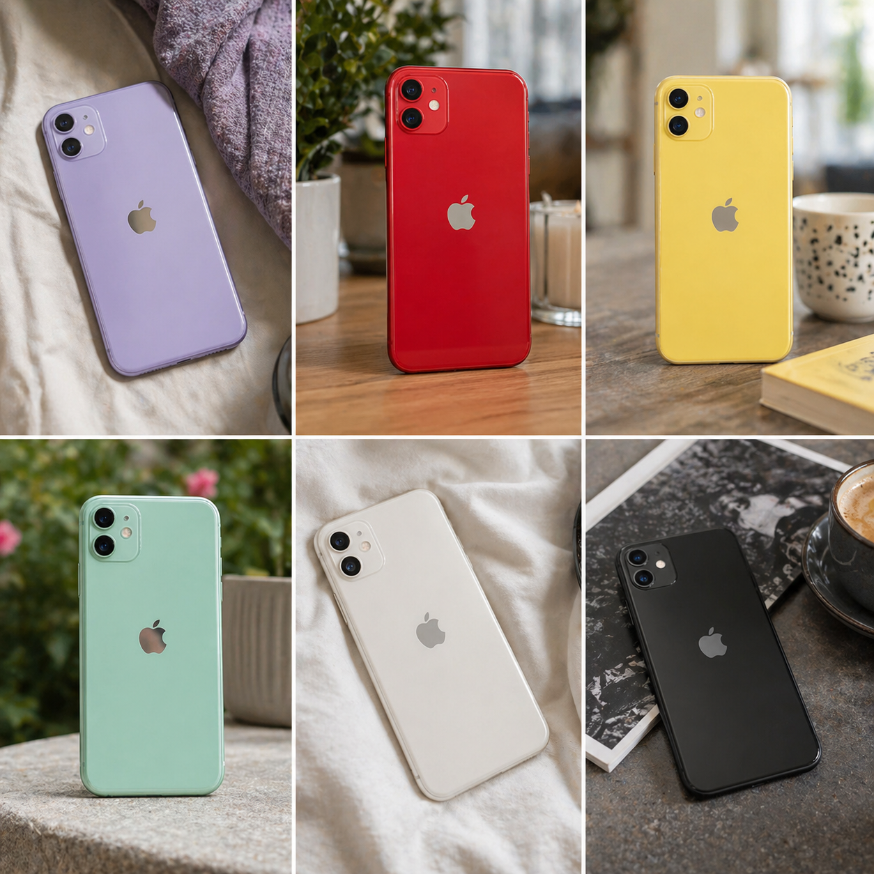 Collage of all available colours iPhones 11 on various backgrounds
