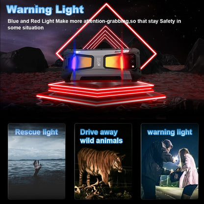 Warning light with blue and red lights on a dark background, featuring text and images of Unihertz Tank 2 uses.