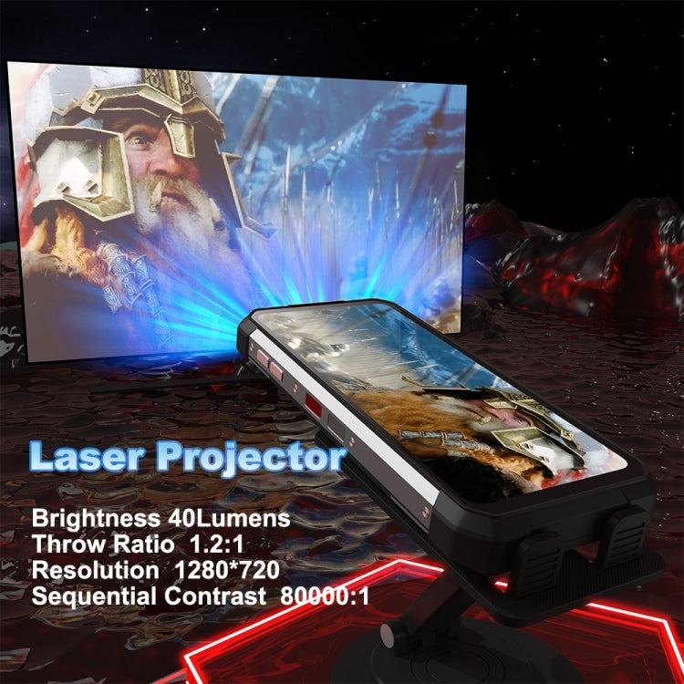 Laser projector displaying a scene with a character and text about Unihertz Tank 2 specifications.