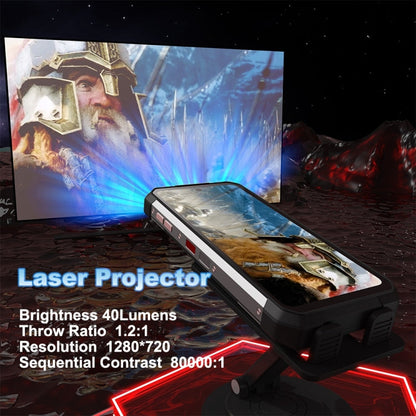 Laser projector displaying a scene with a character and text about Unihertz Tank 2 specifications.