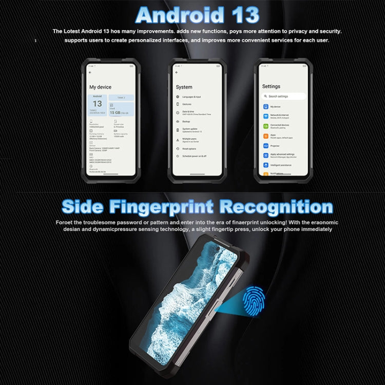 Unihertz Tank 2 with side fingerprint recognition feature on a dark background
