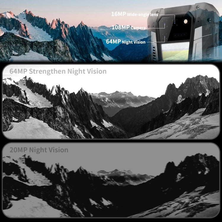Comparison of night vision Unihertz Tank 2 capabilities on a mountain landscape with camera equipment.