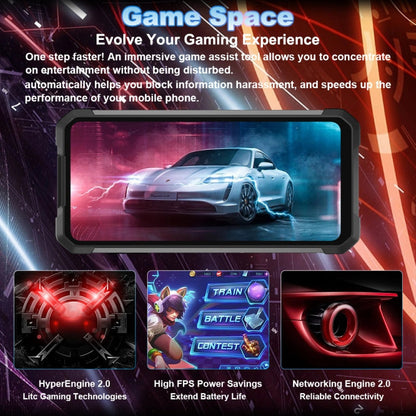 Unihertz Tank 2 with screen displaying a car game, surrounded by text about gaming features.