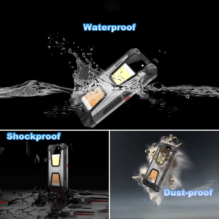 Three panels showing Unihertz Tank 2 being submerged in water, hit by an impact, and covered in dust to demonstrate waterproof, shockproof, and dust-proof features.