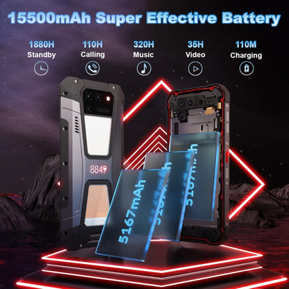 Unihertz Tank 2 with 15500mAh battery capacity displayed on a dark background with red accents.