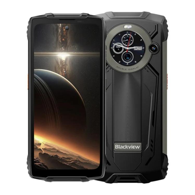 Rugged phone with dual display and Blackview BV8200 branding on a white background