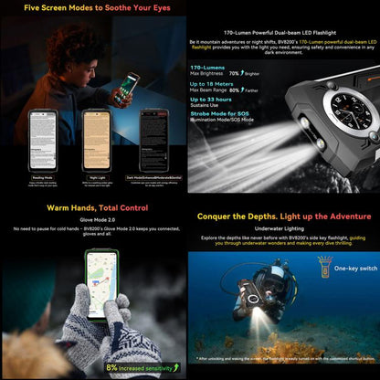 Blackview BV8200 advertisement with various features including screen modes, flashlight, gloves, and underwater exploration.
