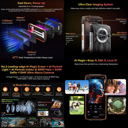 Blackview BV8200 advertisement with features and images of a smartphone, including cooling system, camera details, and AI editing capabilities.